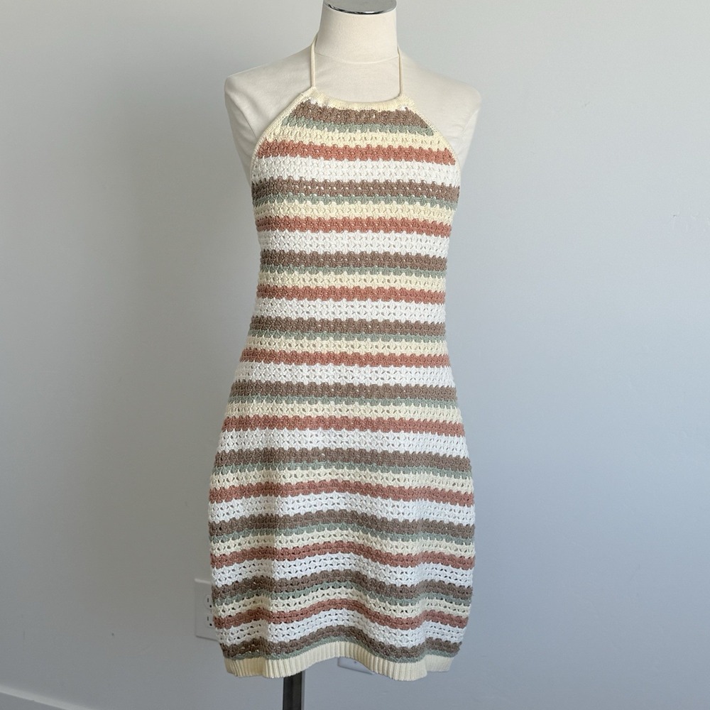Crochet Halter Dress XL Boho Beach Hippie BBQ Coastal Party Event Resort Cotton
